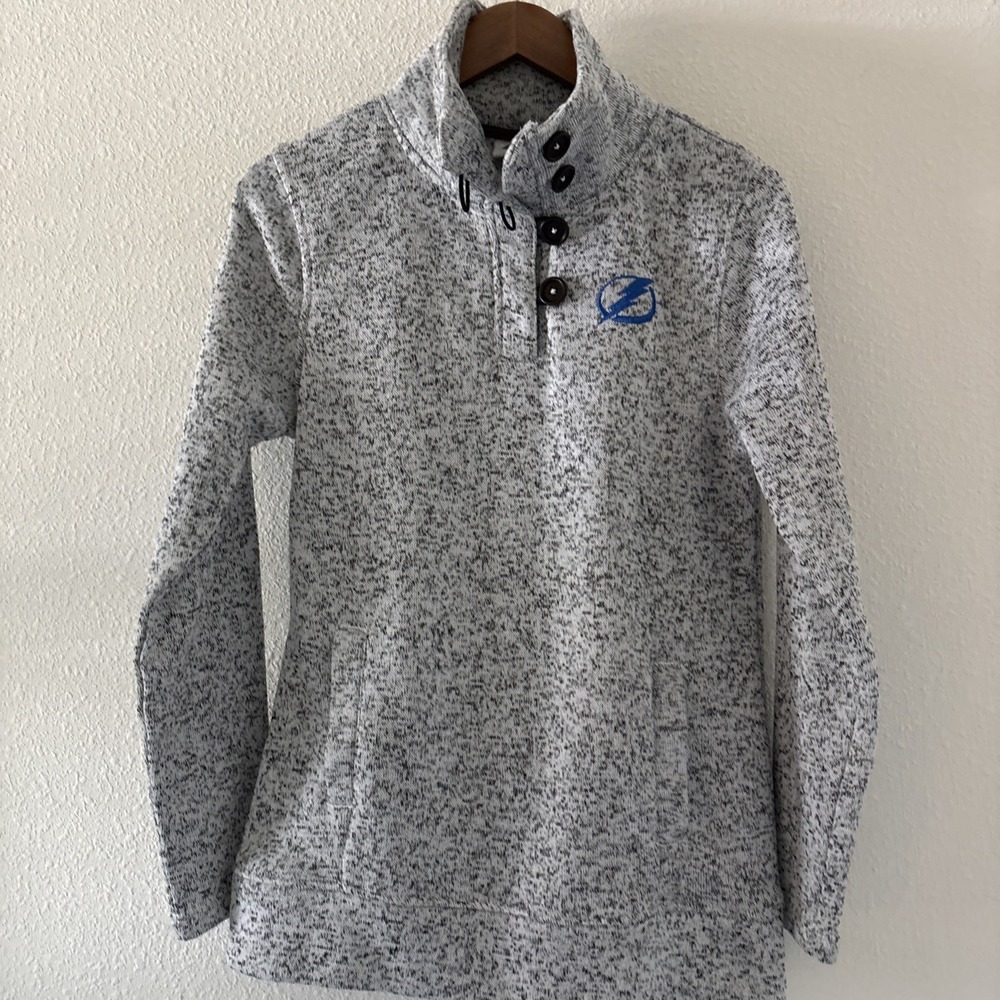 Tampa Bay Lightning Womens Mock Neck‎ Button Knit Sweater Medium Gray NHL (M9)